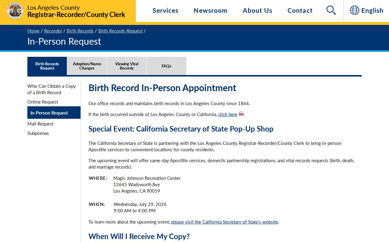 Santa Clarita public records birth certificate request information