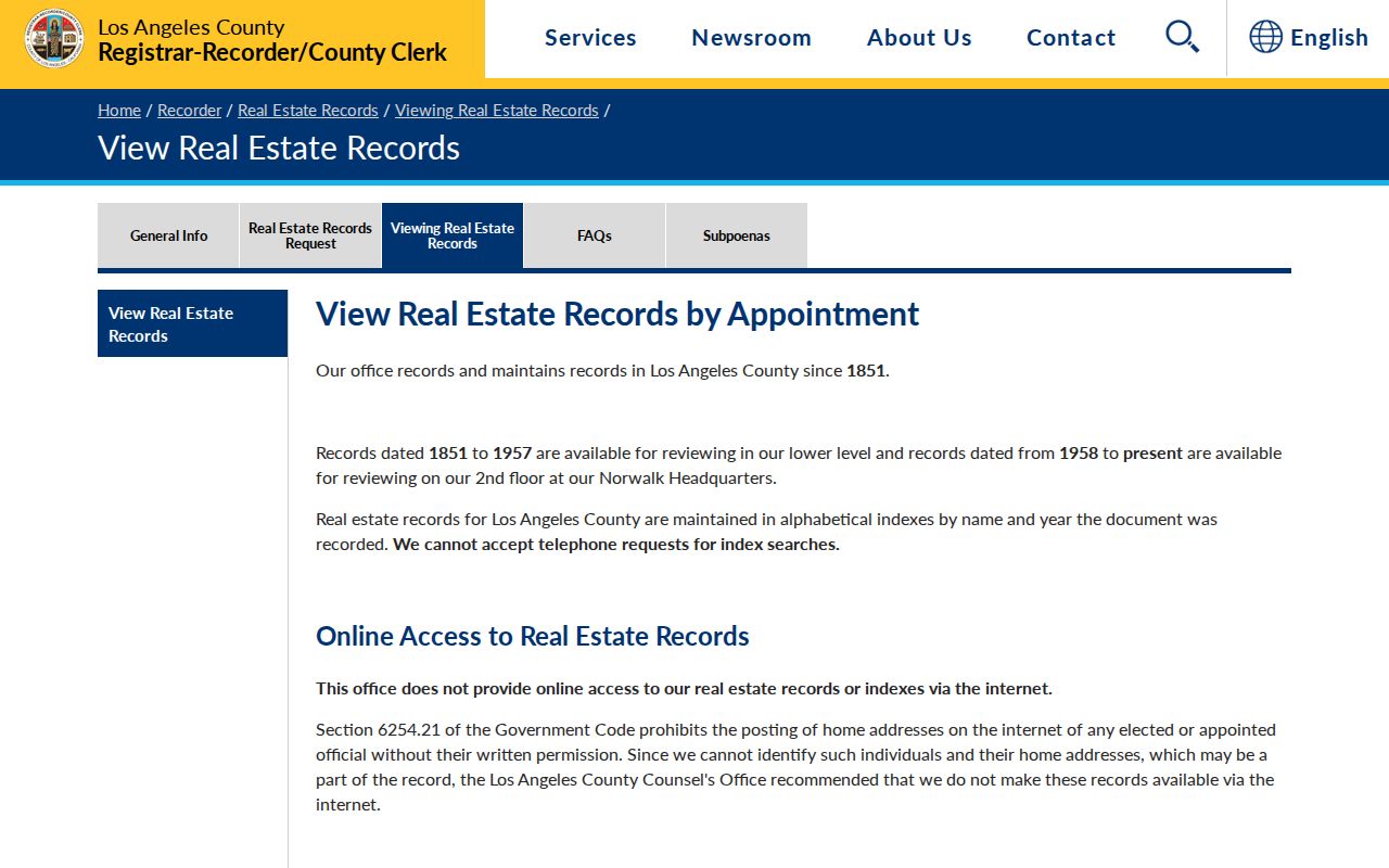 Santa Clarita public records appointment page for county real estate files